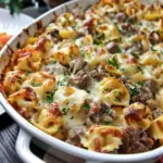 Golden Cheese Steak Tortellini Casserole