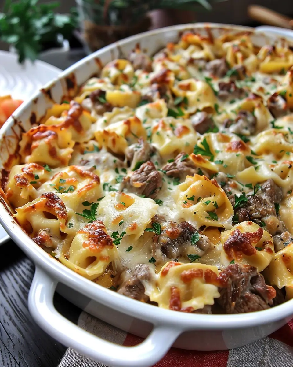 Golden Cheese Steak Tortellini Casserole: A Comforting Delight