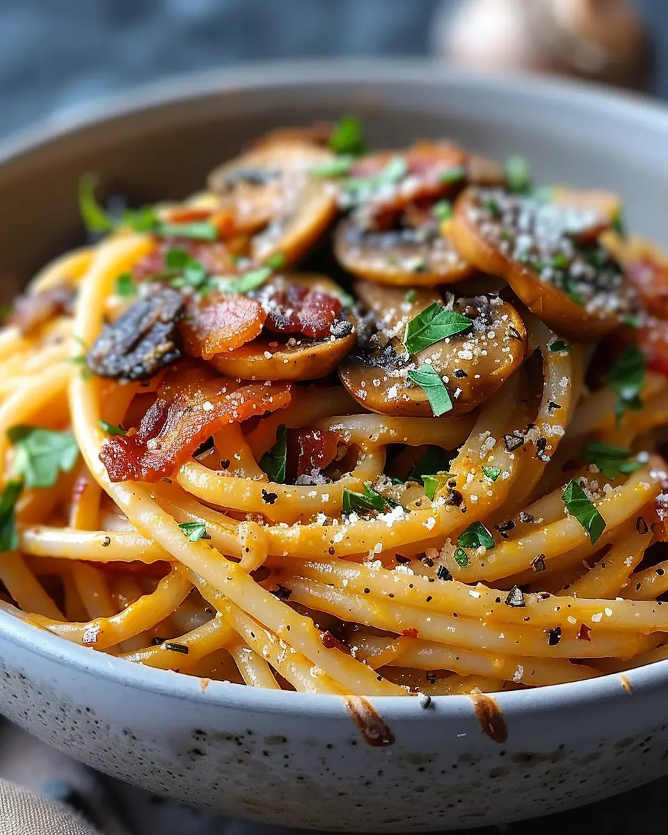 Pumpkin & Mushroom Spaghetti with Crispy Turkey Bacon Delight